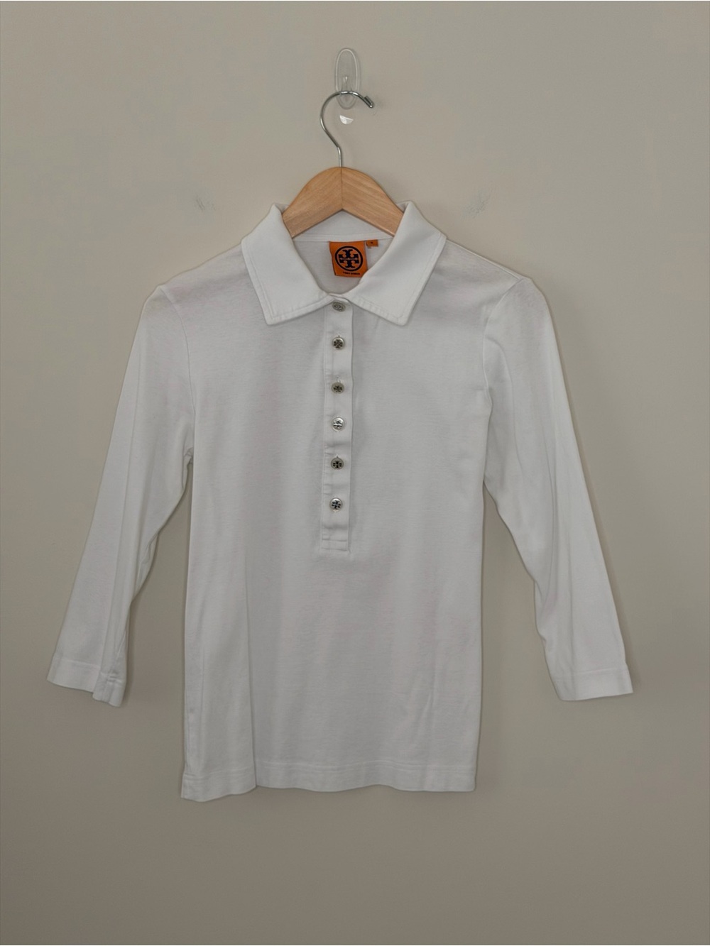 Tory Burch White Knit Polo Top Logo Buttons 3/4 Sleeve Stretch Classic Size M - Picture 9 of 11